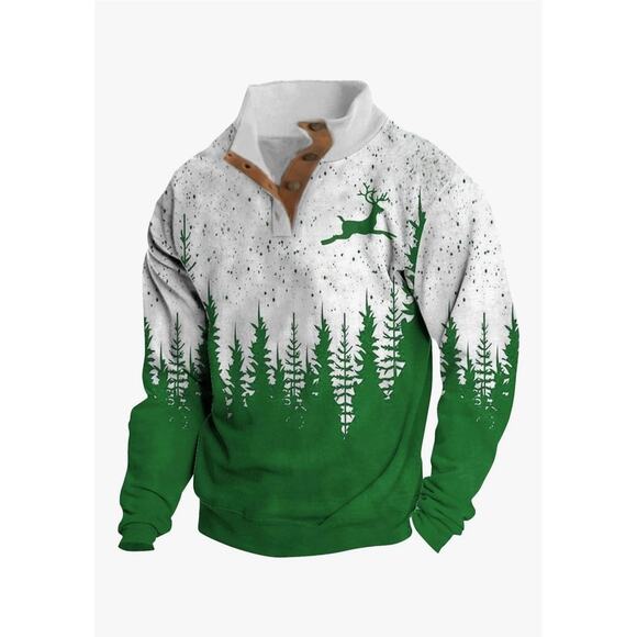 Men's M Winter Christmas Tree Collared Sweatshirt Green White Holiday - Picture 1 of 7